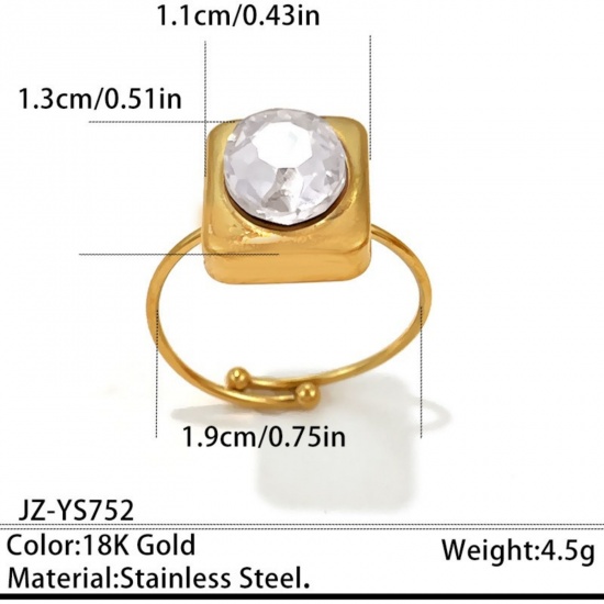 Immagine di Donne Regalo Rettangolo Trasparente Strass Aperto Regolabile Anello All'Ingrosso, Placcato Oro 18K 304 Acciaio Inossidabile, PVD Ecologica Squisito Elegante Fornitura di Gioielli, 19mm (taglia di US: 9), 1 Pz