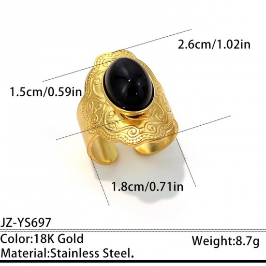 Picture of Wholesale Unisex Gift Carved Pattern Black With Synthetic Gemstone Cabochons Open Adjustable Rings, 18K Gold Plated 304 Stainless Steel, Eco-friendly PVD Elegant Retro Jewelry Supply, 18mm(US Size 7.75), 1 Piece