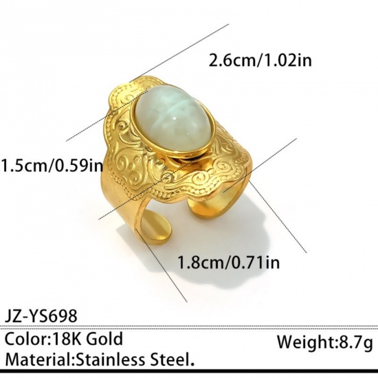 Picture of Wholesale Unisex Gift Carved Pattern Grayish White With Synthetic Gemstone Cabochons Open Adjustable Rings, 18K Gold Plated 304 Stainless Steel, Eco-friendly PVD Elegant Retro Jewelry Supply, 18mm(US Size 7.75), 1 Piece