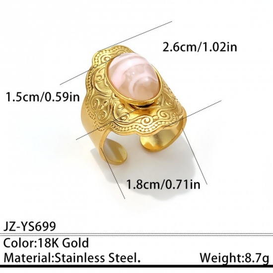 Picture of Wholesale Unisex Gift Carved Pattern Light Pink With Synthetic Gemstone Cabochons Open Adjustable Rings, 18K Gold Plated 304 Stainless Steel, Eco-friendly PVD Elegant Retro Jewelry Supply, 18mm(US Size 7.75), 1 Piece