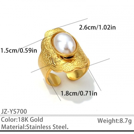 Picture of Wholesale Unisex Gift Carved Pattern White Acrylic Imitation Pearl Open Adjustable Rings, 18K Gold Plated 304 Stainless Steel, Eco-friendly PVD Elegant Retro Jewelry Supply, 18mm(US Size 7.75), 1 Piece