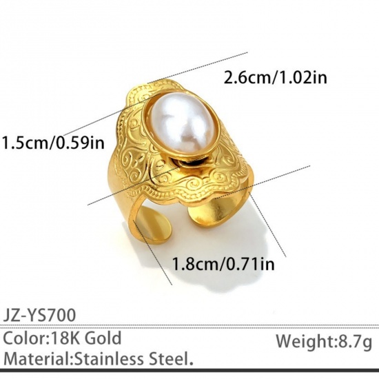 Picture of Wholesale Unisex Gift Carved Pattern White Acrylic Imitation Pearl Open Adjustable Rings, 18K Gold Plated 304 Stainless Steel, Eco-friendly PVD Elegant Retro Jewelry Supply, 18mm(US Size 7.75), 1 Piece