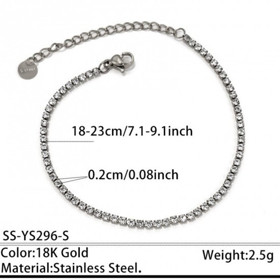 Picture of Wholesale Clear Cubic Zirconia 304 Stainless Steel Tennis Bracelet, Silver Tone Eco-friendly PVD, Unisex Stylish Dainty Gift Jewelry Supply, 18cm(7.1") + 5cm(2") long, Chain Size: 2mm, 1 Piece