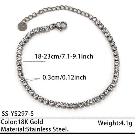 Picture of Wholesale Clear Cubic Zirconia 304 Stainless Steel Tennis Bracelet, Silver Tone Eco-friendly PVD, Unisex Stylish Dainty Gift Jewelry Supply, 18cm(7.1") + 5cm(2") long, Chain Size: 3mm, 1 Piece