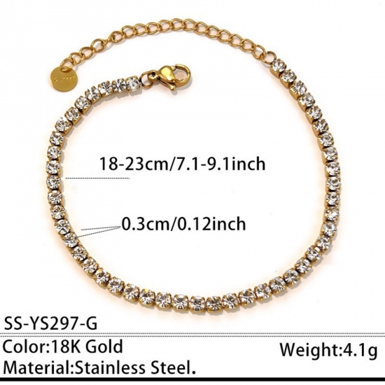 Picture of Wholesale Clear Cubic Zirconia 304 Stainless Steel Tennis Bracelet, 18K Gold Plated Eco-friendly PVD, Unisex Stylish Dainty Gift Jewelry Supply, 18cm(7.1") + 5cm(2") long, Chain Size: 3mm, 1 Piece