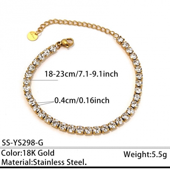 Picture of Wholesale Clear Cubic Zirconia 304 Stainless Steel Tennis Bracelet, 18K Gold Plated Eco-friendly PVD, Unisex Stylish Dainty Gift Jewelry Supply, 18cm(7.1") + 5cm(2") long, Chain Size: 4mm, 1 Piece