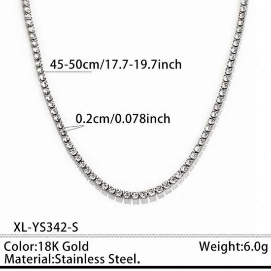 Picture of Wholesale Clear Cubic Zirconia Tennis Necklace, Silver Tone 304 Stainless Steel, Unisex PVD Stylish Dainty Gift Jewelry For Retailer, 45cm(17.7") + 5cm(2") long, Chain Size: 2mm, 1 Piece