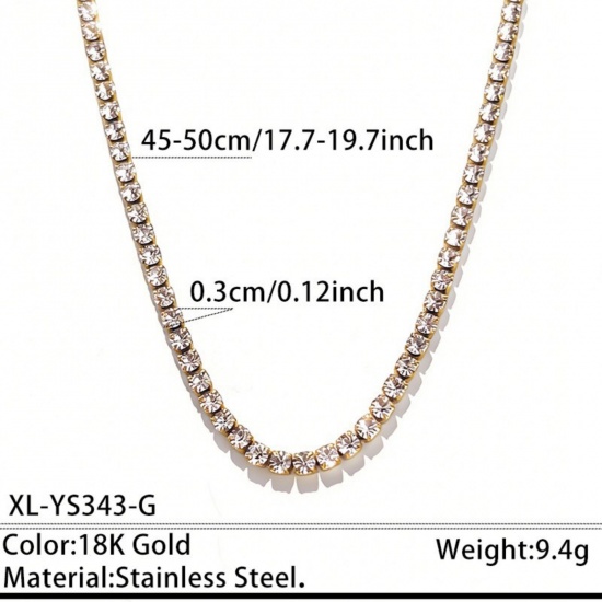 Picture of Wholesale Clear Cubic Zirconia Tennis Necklace, 18K Gold Plated 304 Stainless Steel, Unisex PVD Stylish Dainty Gift Jewelry For Retailer, 45cm(17.7") + 5cm(2") long, Chain Size: 3mm, 1 Piece