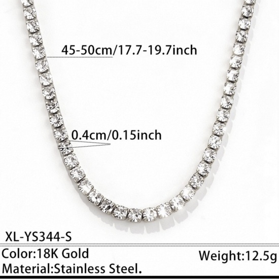 Picture of Wholesale Clear Cubic Zirconia Tennis Necklace, Silver Tone 304 Stainless Steel, Unisex PVD Stylish Dainty Gift Jewelry For Retailer, 45cm(17.7") + 5cm(2") long, Chain Size: 4mm, 1 Piece