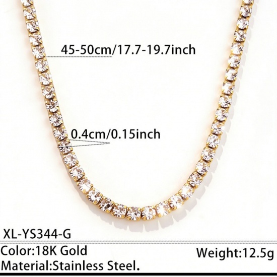 Picture of Wholesale Clear Cubic Zirconia Tennis Necklace, 18K Gold Plated 304 Stainless Steel, Unisex PVD Stylish Dainty Gift Jewelry For Retailer, 45cm(17.7") + 5cm(2") long, Chain Size: 4mm, 1 Piece
