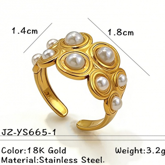 Picture of Wholesale Women's Gift Irregular Acrylic Imitation Pearl Open Adjustable Rings, 18K Gold Plated 304 Stainless Steel, PVD Elegant Stylish Jewelry Supply, 18mm(US Size 7.75), 1 Piece