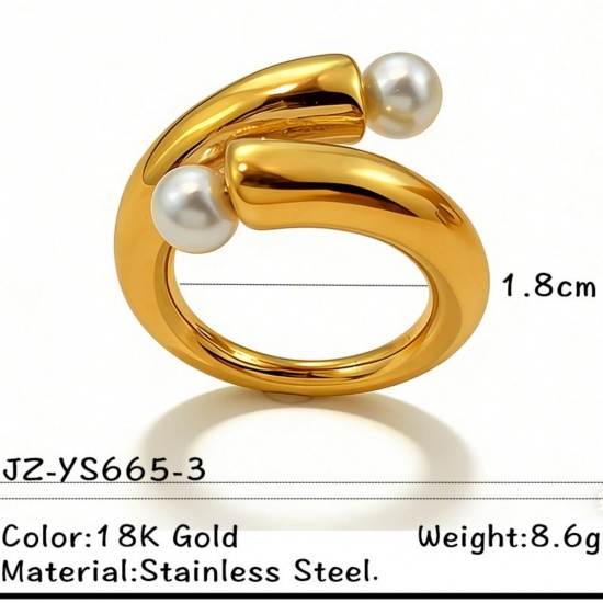 Picture of Wholesale Women's Gift Irregular Acrylic Imitation Pearl Open Adjustable Rings, 18K Gold Plated 304 Stainless Steel, PVD Elegant Stylish Jewelry Supply, 18mm(US Size 7.75), 1 Piece