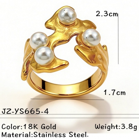 Picture of Wholesale Women's Gift Irregular Acrylic Imitation Pearl Open Adjustable Rings, 18K Gold Plated 304 Stainless Steel, PVD Elegant Stylish Jewelry Supply, 17mm(US Size 6.5), 1 Piece