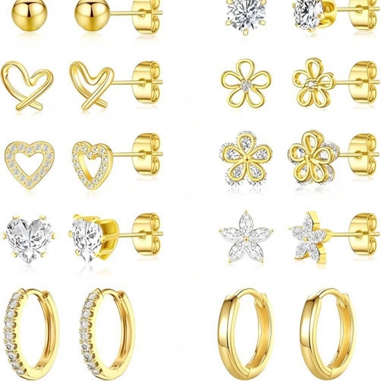 Immagine di Semplice Elegante Orecchini Set All'Ingrosso, Cuore Fiore Trasparente Circonio Cubico Placcato Oro 18K 304 Acciaio Inossidabile, Donne Regalo Fornitura di Gioielli, 1 Serie ( 20 Pz/Serie)