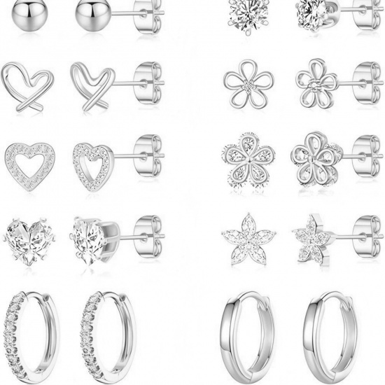 Immagine di Semplice Elegante Orecchini Set All'Ingrosso, Cuore Fiore Trasparente Circonio Cubico Tono Argento 304 Acciaio Inossidabile, Donne Regalo Fornitura di Gioielli, 1 Serie ( 20 Pz/Serie)