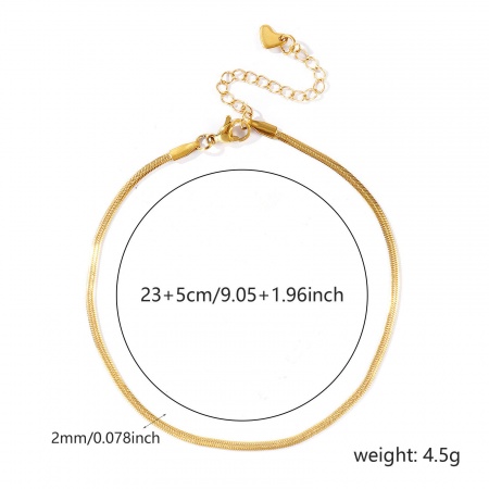卸売り 304ステンレス鋼 スネークチェーン アンクレット、 18Kリアルゴールドメッキ エコフレンドリー PVD 防水 耐変色性の 低アレルギー性の、 レディース おしゃれでカジュアル ミニマリスト プレゼント宝飾の供給 23cm + 5cm長さ、 チェーンサイズ: 2mm、 1 本 の画像