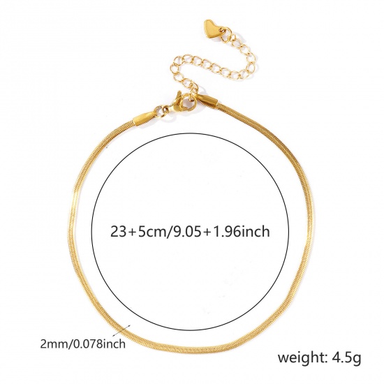 Picture of Wholesale 304 Stainless Steel Snake Chain Anklet, 18K Real Gold Plated Eco-friendly PVD Waterproof Anti-Tarnish Hypoallergenic, Women's Stylish & Casual Minimalist Gift Jewelry Supply, 23cm(9.1") + 5cm(2") long, Chain Size: 2mm, 1 Piece