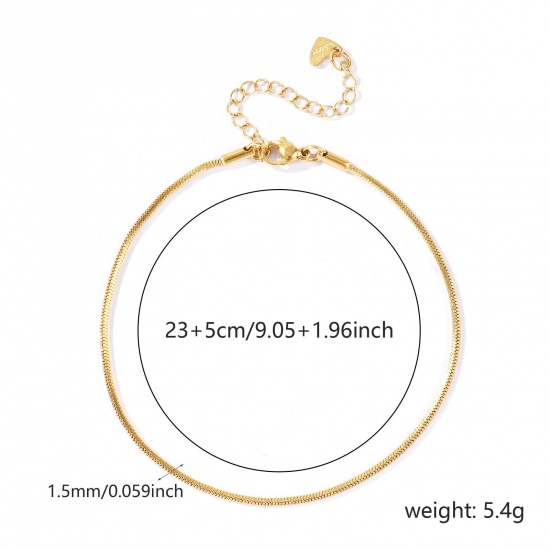 Picture of Wholesale 304 Stainless Steel Snake Chain Anklet, 18K Real Gold Plated Eco-friendly PVD Waterproof Anti-Tarnish Hypoallergenic, Women's Stylish & Casual Minimalist Gift Jewelry Supply, 23cm(9.1") + 5cm(2") long, Chain Size: 1.5mm, 1 Piece