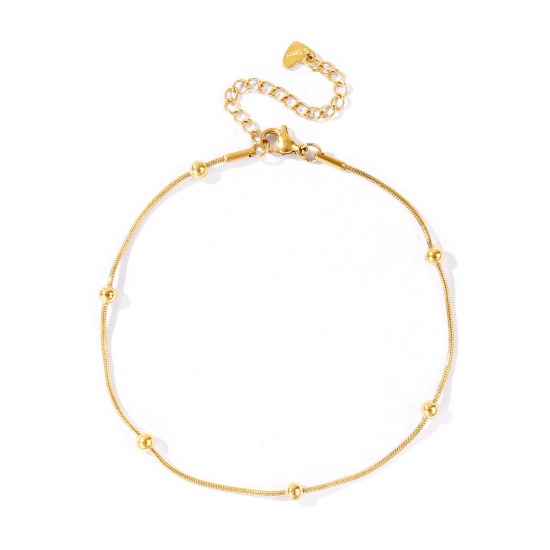 Picture of Wholesale 304 Stainless Steel Ball Chain Anklet, 18K Real Gold Plated Eco-friendly PVD Waterproof Anti-Tarnish Hypoallergenic, Women's Stylish & Casual Minimalist Gift Jewelry Supply, 23cm(9.1") + 5cm(2") long, Chain Size: 1.2mm, 1 Piece