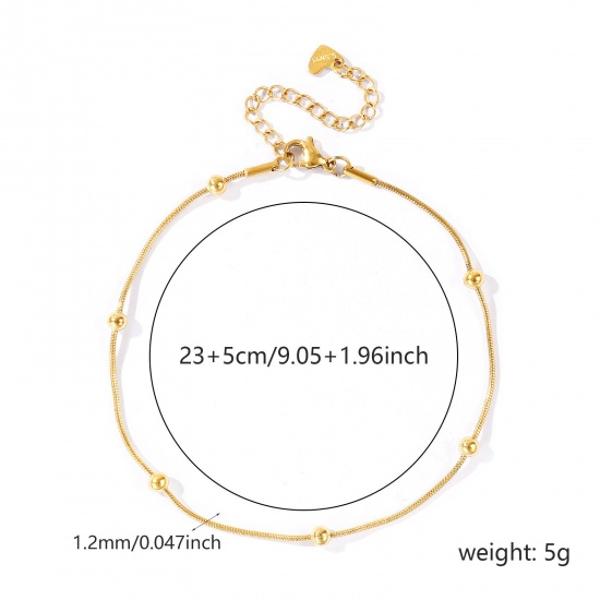 Picture of Wholesale 304 Stainless Steel Ball Chain Anklet, 18K Real Gold Plated Eco-friendly PVD Waterproof Anti-Tarnish Hypoallergenic, Women's Stylish & Casual Minimalist Gift Jewelry Supply, 23cm(9.1") + 5cm(2") long, Chain Size: 1.2mm, 1 Piece