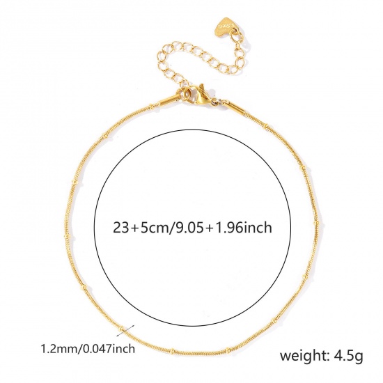 Picture of Wholesale 304 Stainless Steel Ball Chain Anklet, 18K Real Gold Plated Eco-friendly PVD Waterproof Anti-Tarnish Hypoallergenic, Women's Stylish & Casual Minimalist Gift Jewelry Supply, 23cm(9.1") + 5cm(2") long, Chain Size: 1.2mm, 1 Piece