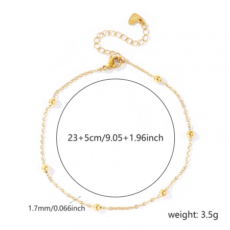 Immagine di 304 Acciaio Inossidabile Catena a Pallini Cavigliere All'Ingrosso, 18K Vero Oro Placcato PVD Ecologica Impermeabile Anti-Ossidante Ipoallergenico, Donne Elegante & Casual Minimalista Regalo Fornitura di Gioielli, 23cm + 5cm Lunghezza, Dimensione della Catena: 1.7mm, 1 Pz