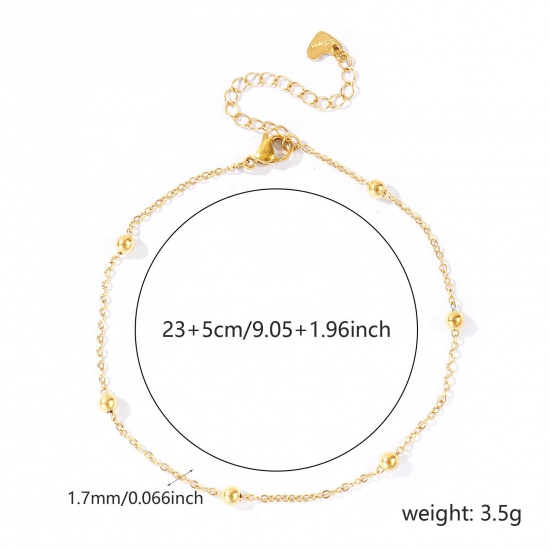 Picture of Wholesale 304 Stainless Steel Ball Chain Anklet, 18K Real Gold Plated Eco-friendly PVD Waterproof Anti-Tarnish Hypoallergenic, Women's Stylish & Casual Minimalist Gift Jewelry Supply, 23cm(9.1") + 5cm(2") long, Chain Size: 1.7mm, 1 Piece