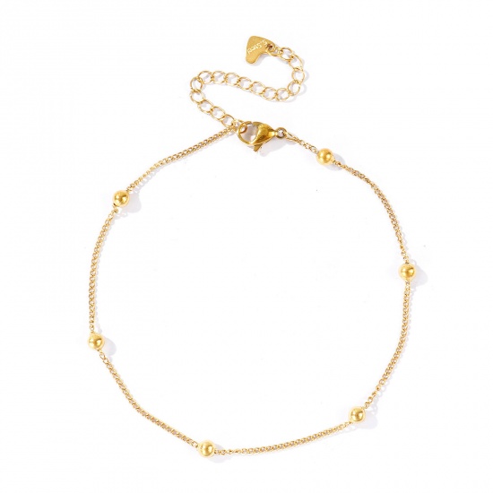 Picture of Wholesale 304 Stainless Steel Ball Chain Anklet, 18K Real Gold Plated Eco-friendly PVD Waterproof Anti-Tarnish Hypoallergenic, Women's Stylish & Casual Minimalist Gift Jewelry Supply, 23cm(9.1") + 5cm(2") long, Chain Size: 1.4mm, 1 Piece