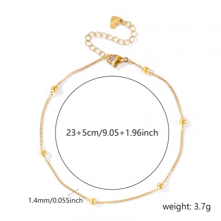Immagine di 304 Acciaio Inossidabile Catena a Pallini Cavigliere All'Ingrosso, 18K Vero Oro Placcato PVD Ecologica Impermeabile Anti-Ossidante Ipoallergenico, Donne Elegante & Casual Minimalista Regalo Fornitura di Gioielli, 23cm + 5cm Lunghezza, Dimensione della Catena: 1.4mm, 1 Pz