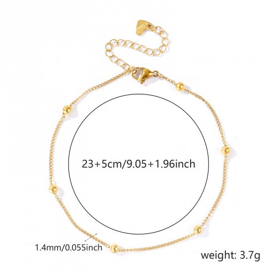 Picture of Wholesale 304 Stainless Steel Ball Chain Anklet, 18K Real Gold Plated Eco-friendly PVD Waterproof Anti-Tarnish Hypoallergenic, Women's Stylish & Casual Minimalist Gift Jewelry Supply, 23cm(9.1") + 5cm(2") long, Chain Size: 1.4mm, 1 Piece