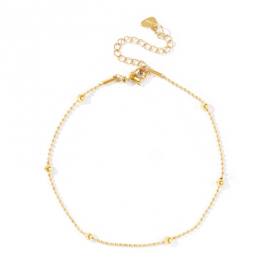 Picture of Wholesale 304 Stainless Steel Ball Chain Anklet, 18K Real Gold Plated Eco-friendly PVD Waterproof Anti-Tarnish Hypoallergenic, Women's Stylish & Casual Minimalist Gift Jewelry Supply, 23cm(9.1") + 5cm(2") long, Chain Size: 1.5mm, 1 Piece
