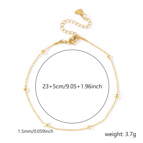 Picture of Wholesale 304 Stainless Steel Ball Chain Anklet, 18K Real Gold Plated Eco-friendly PVD Waterproof Anti-Tarnish Hypoallergenic, Women's Stylish & Casual Minimalist Gift Jewelry Supply, 23cm(9.1") + 5cm(2") long, Chain Size: 1.5mm, 1 Piece