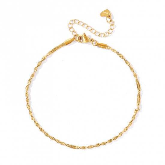 Picture of Wholesale 304 Stainless Steel Wave Twisted Chain Anklet, 18K Real Gold Plated Eco-friendly PVD Waterproof Anti-Tarnish Hypoallergenic, Women's Stylish & Casual Minimalist Gift Jewelry Supply, 22cm(8.7") + 5cm(2") long, Chain Size: 2mm, 1 Piece
