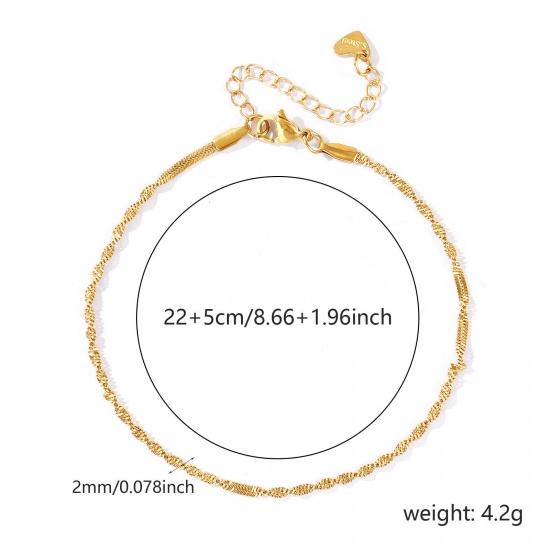 Picture of Wholesale 304 Stainless Steel Wave Twisted Chain Anklet, 18K Real Gold Plated Eco-friendly PVD Waterproof Anti-Tarnish Hypoallergenic, Women's Stylish & Casual Minimalist Gift Jewelry Supply, 22cm(8.7") + 5cm(2") long, Chain Size: 2mm, 1 Piece