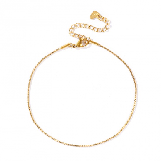 Picture of Wholesale 304 Stainless Steel Box Chain Anklet, 18K Real Gold Plated Eco-friendly PVD Waterproof Anti-Tarnish Hypoallergenic, Women's Stylish & Casual Minimalist Gift Jewelry Supply, 22cm(8.7") + 5cm(2") long, Chain Size: 1.2mm, 1 Piece