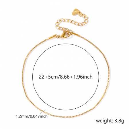 Immagine di 304 Acciaio Inossidabile Catena a Casella Cavigliere All'Ingrosso, 18K Vero Oro Placcato PVD Ecologica Impermeabile Anti-Ossidante Ipoallergenico, Donne Elegante & Casual Minimalista Regalo Fornitura di Gioielli, 22cm + 5cm Lunghezza, Dimensione della Catena: 1.2mm, 1 Pz