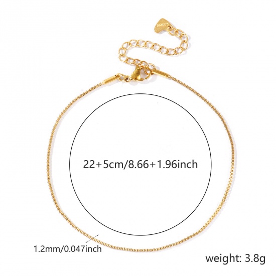 Picture of Wholesale 304 Stainless Steel Box Chain Anklet, 18K Real Gold Plated Eco-friendly PVD Waterproof Anti-Tarnish Hypoallergenic, Women's Stylish & Casual Minimalist Gift Jewelry Supply, 22cm(8.7") + 5cm(2") long, Chain Size: 1.2mm, 1 Piece