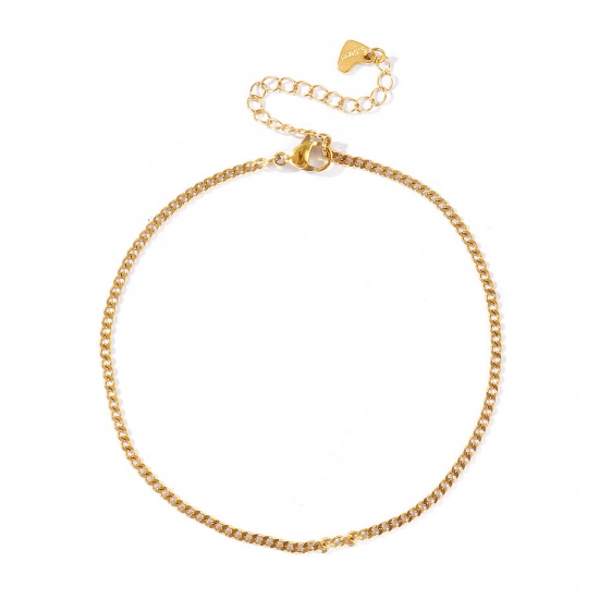 Picture of Wholesale 304 Stainless Steel Curb Link Chain Anklet, 18K Real Gold Plated Eco-friendly PVD Waterproof Anti-Tarnish Hypoallergenic, Women's Stylish & Casual Minimalist Gift Jewelry Supply, 23cm(9.1") + 5cm(2") long, Chain Size: 2mm, 1 Piece