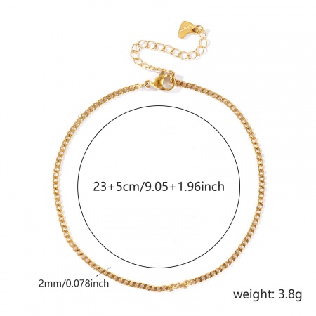Immagine di 304 Acciaio Inossidabile Catena del Barbazzale Cavigliere All'Ingrosso, 18K Vero Oro Placcato PVD Ecologica Impermeabile Anti-Ossidante Ipoallergenico, Donne Elegante & Casual Minimalista Regalo Fornitura di Gioielli, 23cm + 5cm Lunghezza, Dimensione della Catena: 2mm, 1 Pz