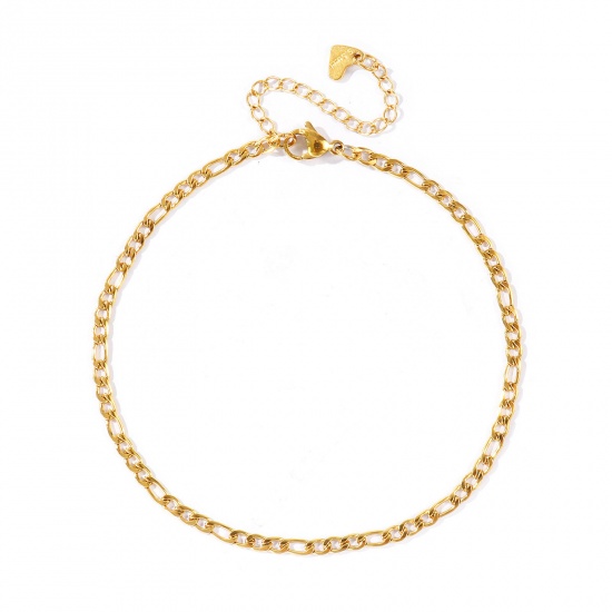 Picture of Wholesale 304 Stainless Steel 3:1 Figaro Link Chain Anklet, 18K Real Gold Plated Eco-friendly PVD Waterproof Anti-Tarnish Hypoallergenic, Women's Stylish & Casual Minimalist Gift Jewelry Supply, 23cm(9.1") + 5cm(2") long, Chain Size: 3mm, 1 Piece