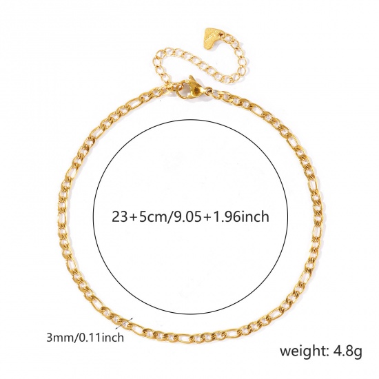 Picture of Wholesale 304 Stainless Steel 3:1 Figaro Link Chain Anklet, 18K Real Gold Plated Eco-friendly PVD Waterproof Anti-Tarnish Hypoallergenic, Women's Stylish & Casual Minimalist Gift Jewelry Supply, 23cm(9.1") + 5cm(2") long, Chain Size: 3mm, 1 Piece