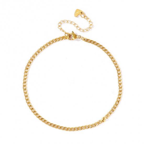 Picture of Wholesale 304 Stainless Steel Curb Link Chain Anklet, 18K Real Gold Plated Eco-friendly PVD Waterproof Anti-Tarnish Hypoallergenic, Women's Stylish & Casual Minimalist Gift Jewelry Supply, 23cm(9.1") + 5cm(2") long, Chain Size: 3mm, 1 Piece