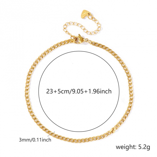 Picture of Wholesale 304 Stainless Steel Curb Link Chain Anklet, 18K Real Gold Plated Eco-friendly PVD Waterproof Anti-Tarnish Hypoallergenic, Women's Stylish & Casual Minimalist Gift Jewelry Supply, 23cm(9.1") + 5cm(2") long, Chain Size: 3mm, 1 Piece