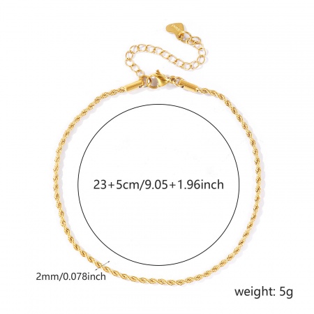 Immagine di 304 Acciaio Inossidabile Catena a Intrecciante Cavigliere All'Ingrosso, 18K Vero Oro Placcato PVD Ecologica Impermeabile Anti-Ossidante Ipoallergenico, Donne Elegante & Casual Minimalista Regalo Fornitura di Gioielli, 23cm + 5cm Lunghezza, Dimensione della Catena: 2mm, 1 Pz
