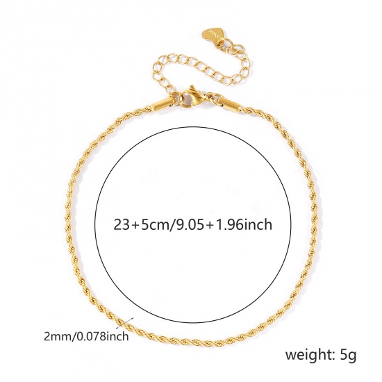 Picture of Wholesale 304 Stainless Steel Braided Rope Chain Anklet, 18K Real Gold Plated Eco-friendly PVD Waterproof Anti-Tarnish Hypoallergenic, Women's Stylish & Casual Minimalist Gift Jewelry Supply, 23cm(9.1") + 5cm(2") long, Chain Size: 2mm, 1 Piece