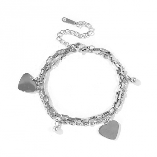 Immagine di Cuore 304 Acciaio Inossidabile Bracciale di Doppio Strato All'Ingrosso, Tono Argento Ecologico, Donne San Valentino Elegante Regalo Fornitura di Gioielli, 16cm + 5cm Lunghezza, 1 Pz