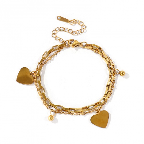 Immagine di Cuore 304 Acciaio Inossidabile Bracciale di Doppio Strato All'Ingrosso, Placcato Oro 18K PVD Ecologica, Donne San Valentino Elegante Regalo Fornitura di Gioielli, 16cm + 5cm Lunghezza, 1 Pz