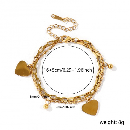 Immagine di Cuore 304 Acciaio Inossidabile Bracciale di Doppio Strato All'Ingrosso, Placcato Oro 18K PVD Ecologica, Donne San Valentino Elegante Regalo Fornitura di Gioielli, 16cm + 5cm Lunghezza, 1 Pz