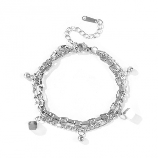 Immagine di Cubo 304 Acciaio Inossidabile Bracciale di Doppio Strato All'Ingrosso, Tono Argento Ecologico, Donne Squisito Elegante Regalo Fornitura di Gioielli, 16cm + 5cm Lunghezza, 1 Pz