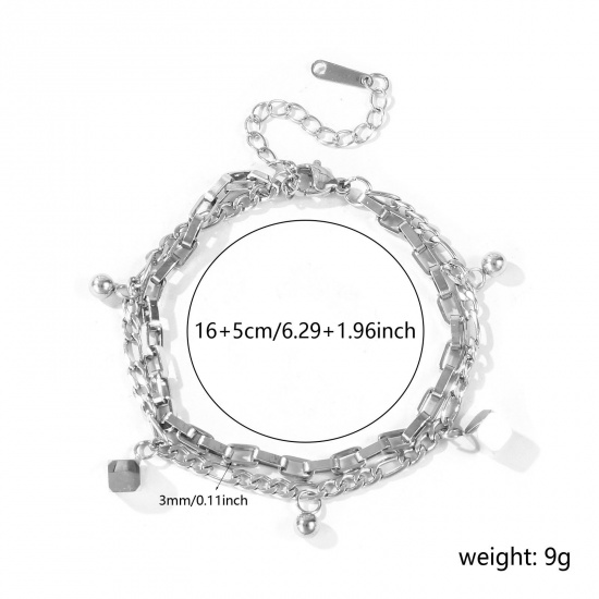 Immagine di Cubo 304 Acciaio Inossidabile Bracciale di Doppio Strato All'Ingrosso, Tono Argento Ecologico, Donne Squisito Elegante Regalo Fornitura di Gioielli, 16cm + 5cm Lunghezza, 1 Pz
